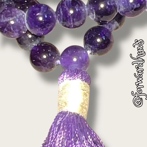 Amethyst Mala Prayer Bead Necklace – 109 Beads with Purple Tassel & Gold Thread - Picture 6 of 8